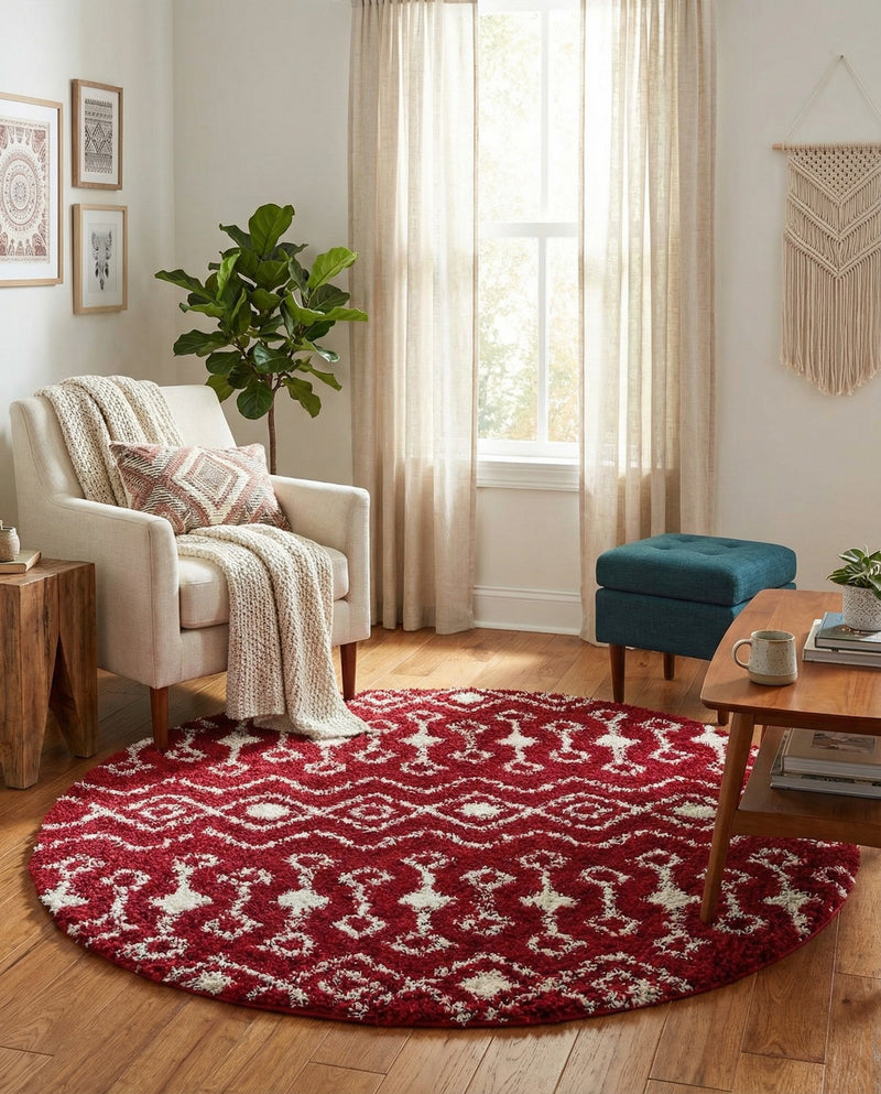 Berber Lattice Shag Collection Area Rug - Atlas (Burgundy Red) Round Burgundy Red  lifestyle 34