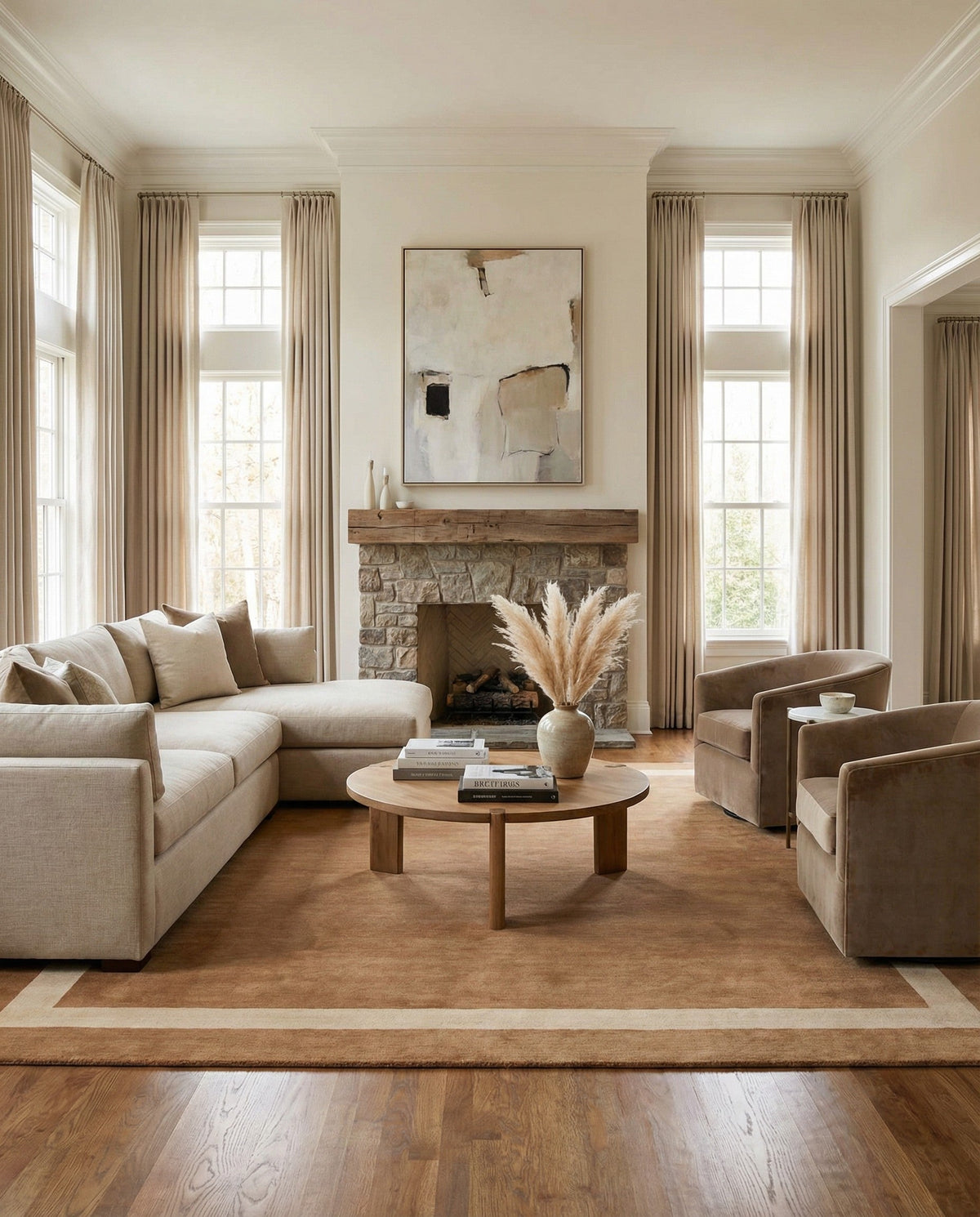 Savannah Borders Wool Collection Area Rug - Chatham Square Latte Brown  lifestyle 202