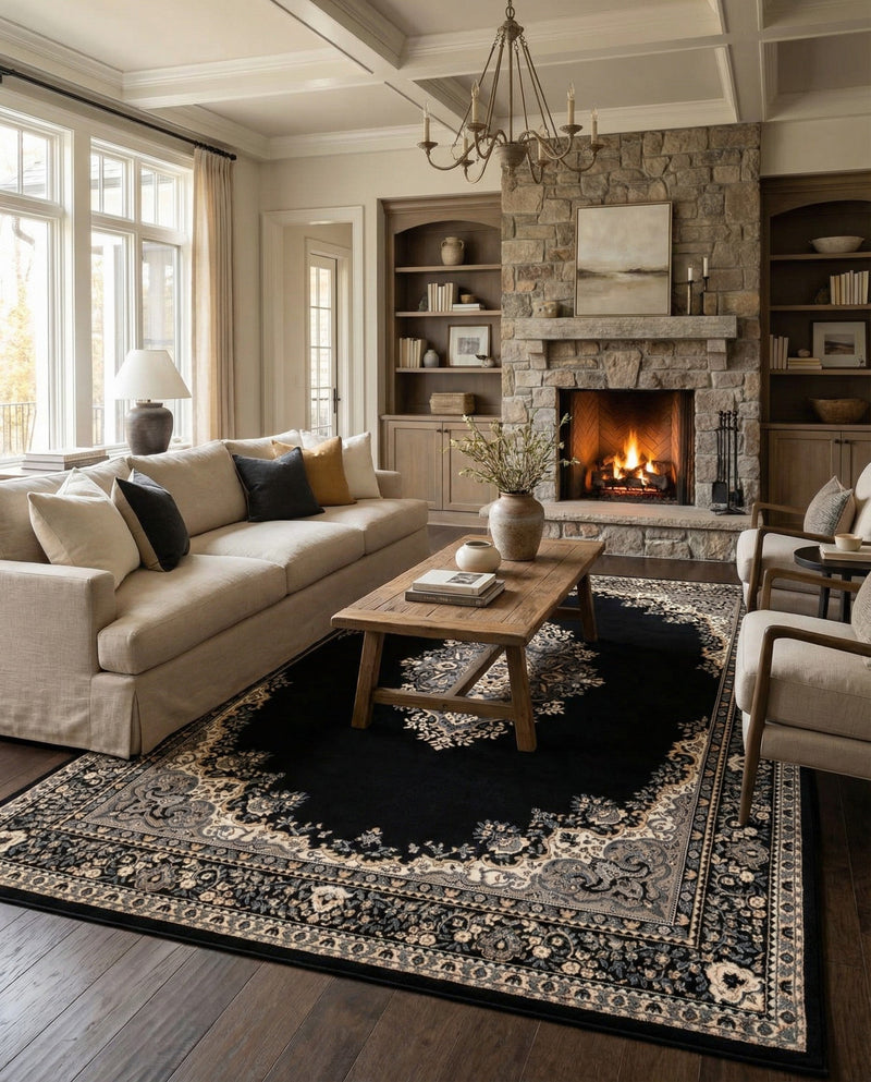 Tabriz Tapestry Collection Area Rug - Azerbaijan (Black) Rectangle Black  lifestyle 33