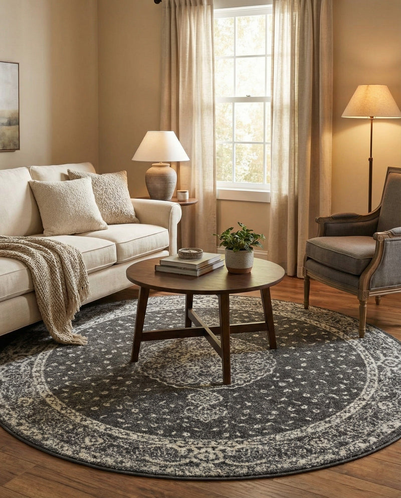 Dover Terrace Collection Area Rug - Marina (Dark Gray) Round Dark Gray  lifestyle 62