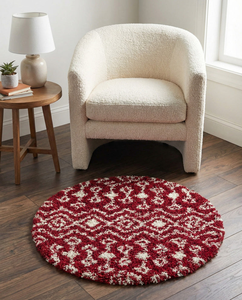 Berber Lattice Shag Collection Area Rug - Atlas (Burgundy Red) Round Burgundy Red  lifestyle 35