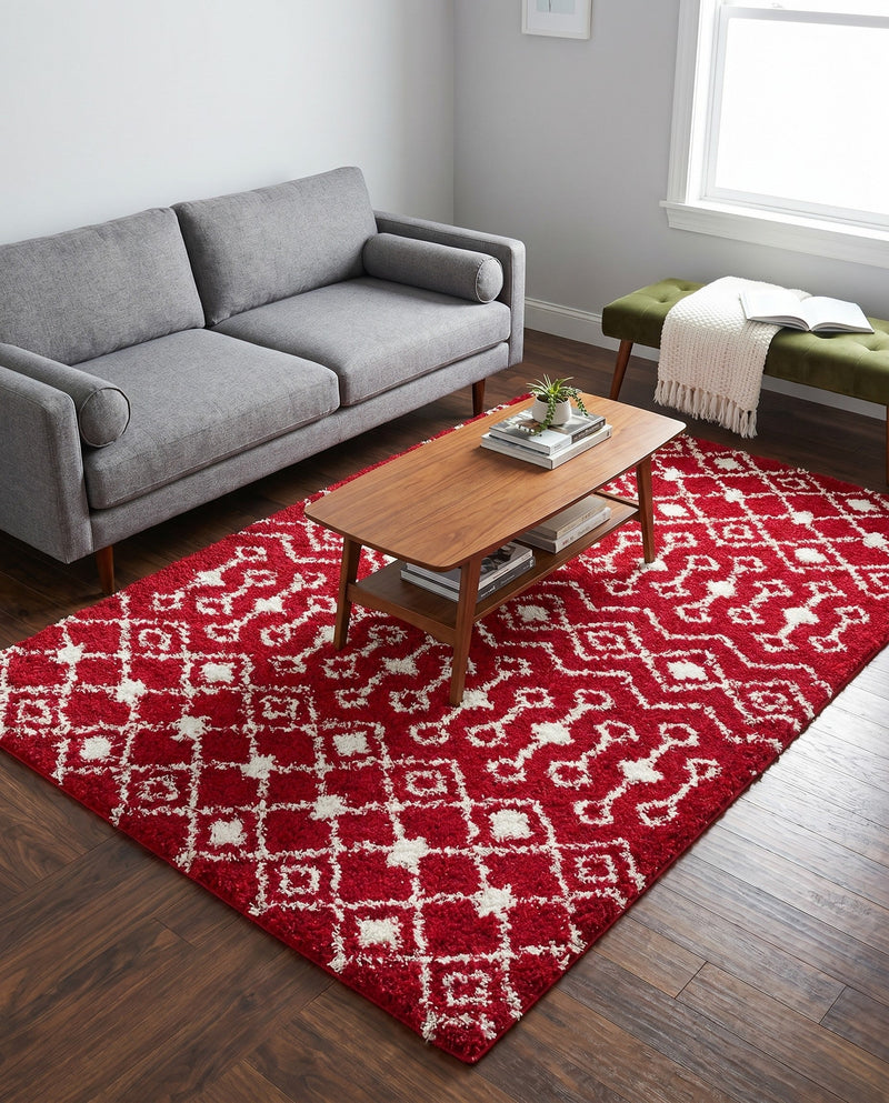 Berber Lattice Shag Collection Area Rug - Atlas (Burgundy Red) Rectangle Burgundy Red  lifestyle 17