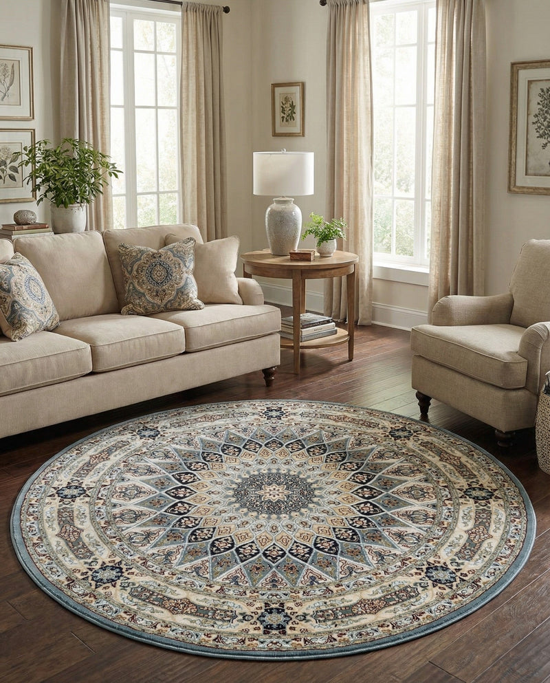 Persian Elegance Collection Area Rug -  Hamedan (Blue) Round Blue  lifestyle 27