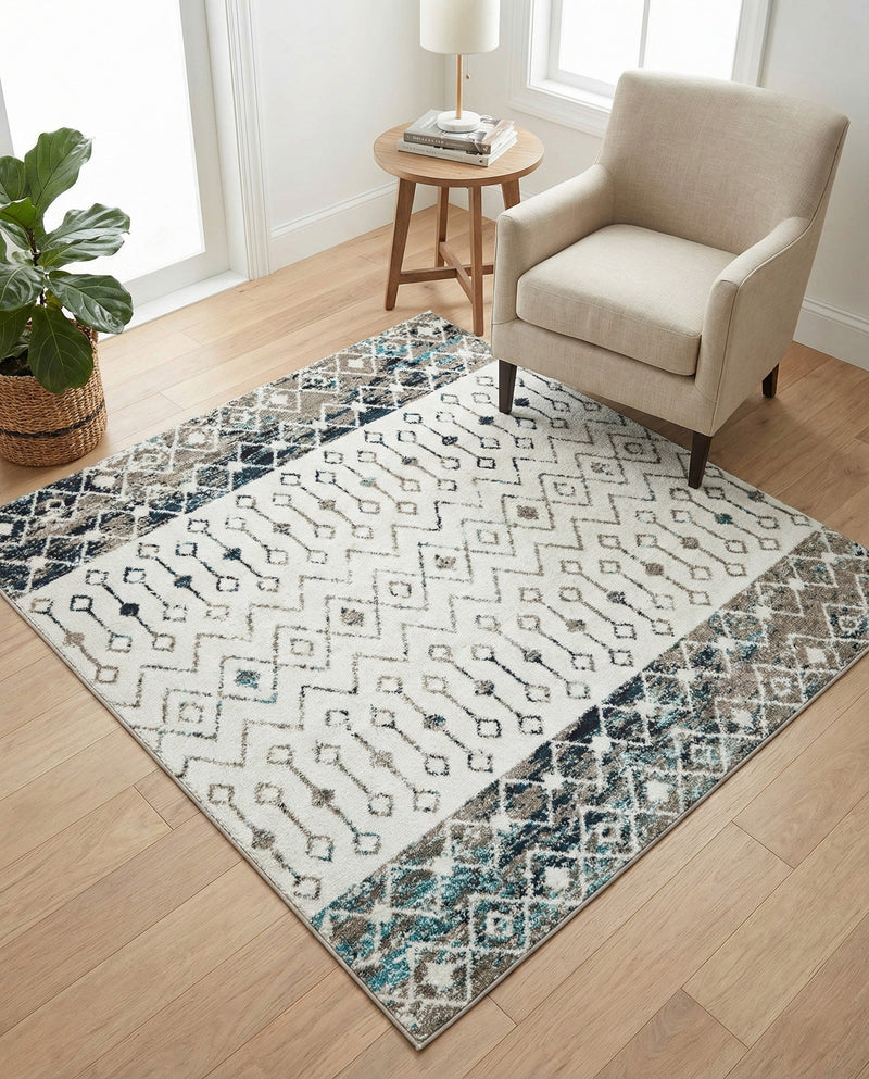 Mediterranean Lattice Collection Area Rug -  Casablanca (Ivory Gray Blue) Square Ivory Gray Blue  lifestyle 38