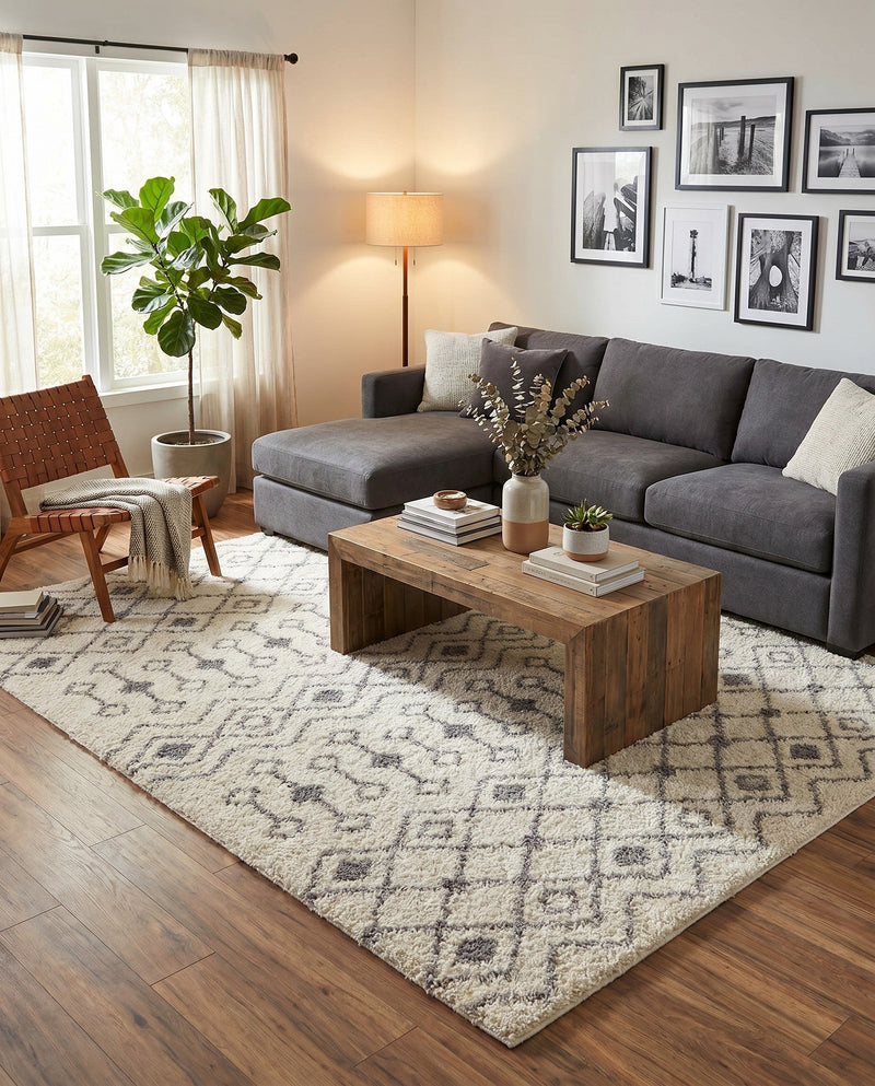 Berber Lattice Shag Collection Area Rug - Atlas (Ivory) Rectangle Ivory  lifestyle 15