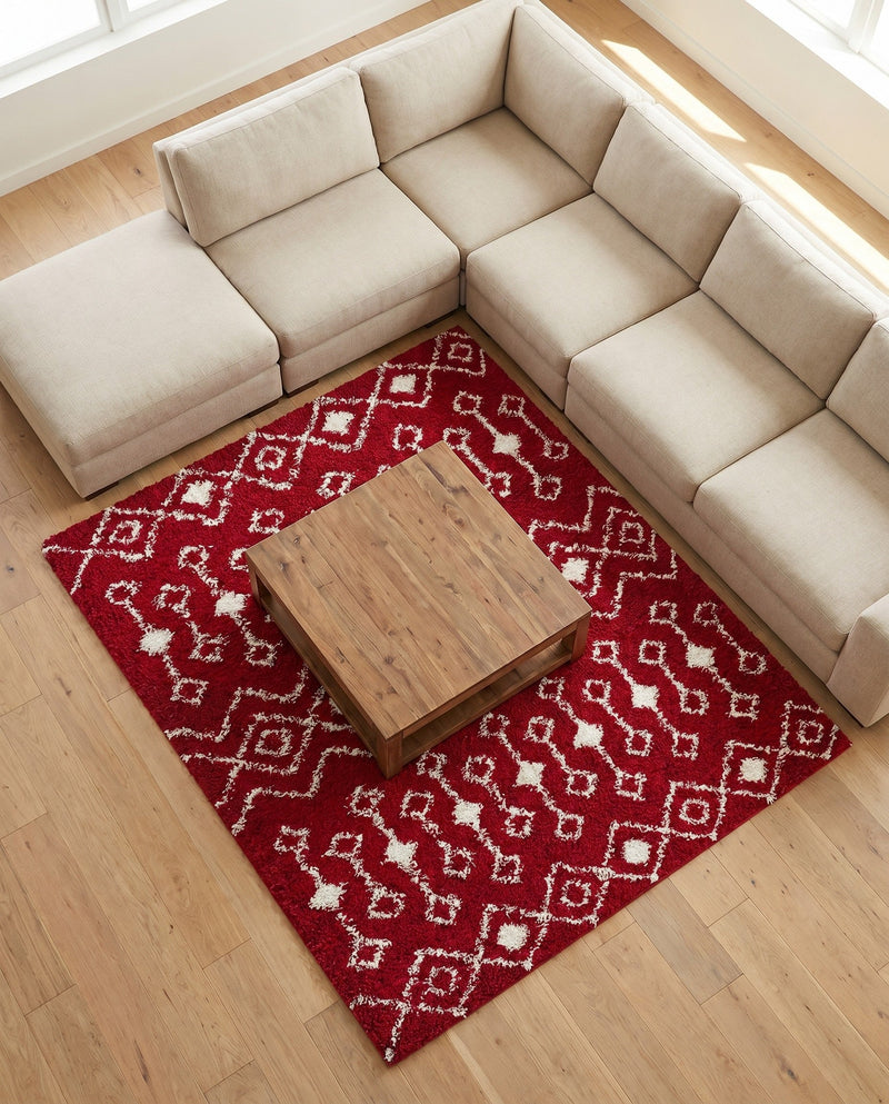 Berber Lattice Shag Collection Area Rug - Atlas (Burgundy Red) Square Burgundy Red  lifestyle 62