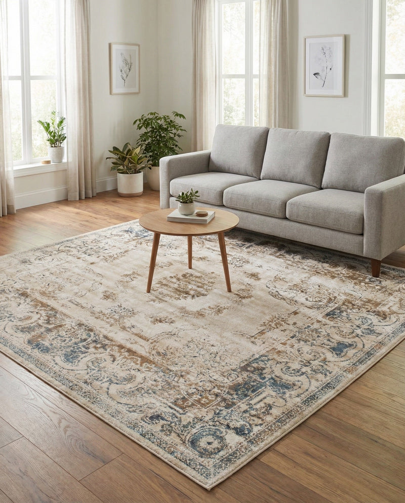 Coastal Manor Collection Area Rug -  Pierpoint Square Blue Cream  lifestyle 64