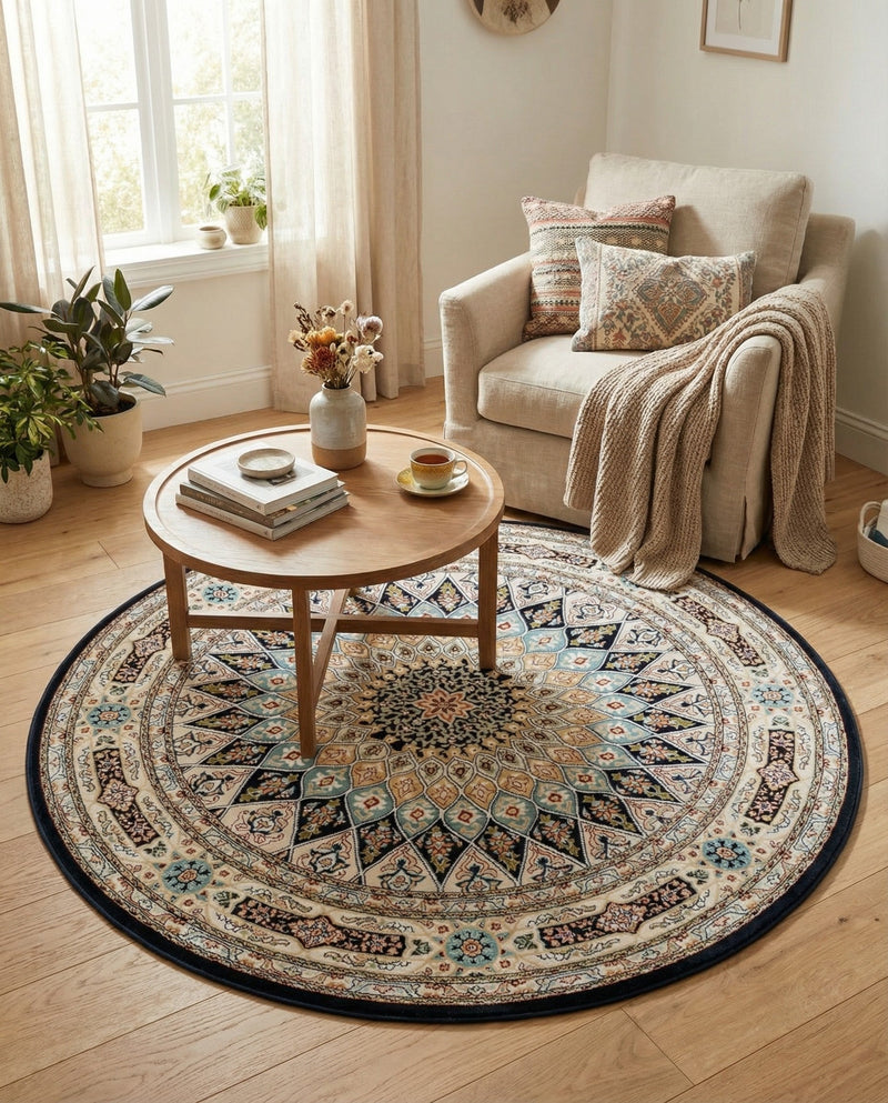 Persian Elegance Collection Area Rug -  Hamedan (Navy Blue) Round Navy Blue  lifestyle 90