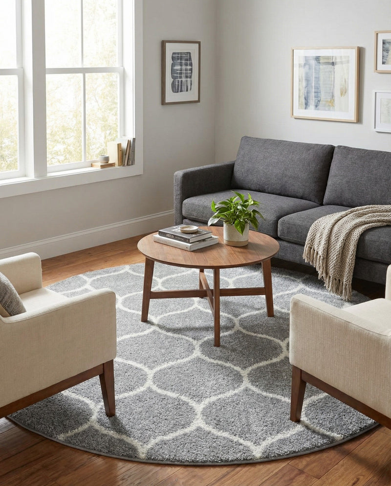 Trellis Mosaic Collection Area Rug -  Pergolatown (Light Gray) Round Light Gray  lifestyle 56