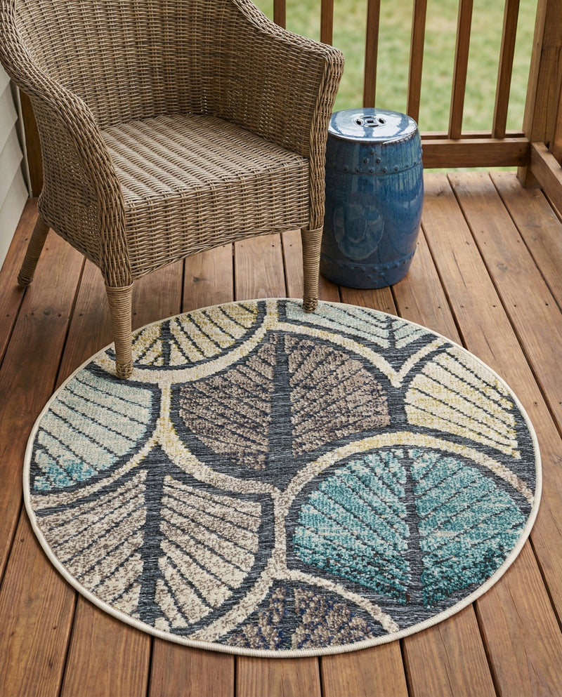Outdoor Marrakesh Collection Area Rug -  Rabat Round Gray Blue Ivory  lifestyle 73