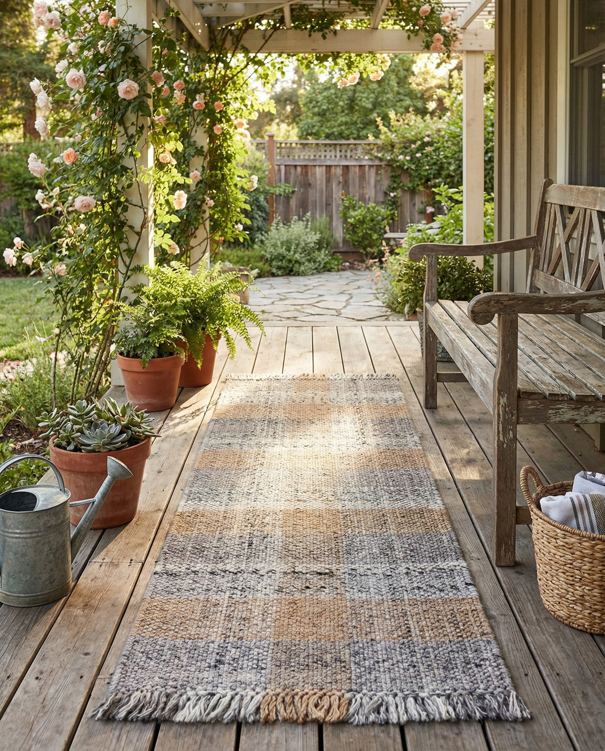 Sustainable Grid Indoor-Outdoor Oasis Collection Area Rug - Savannah Runner Desert Gray  lifestyle 216
