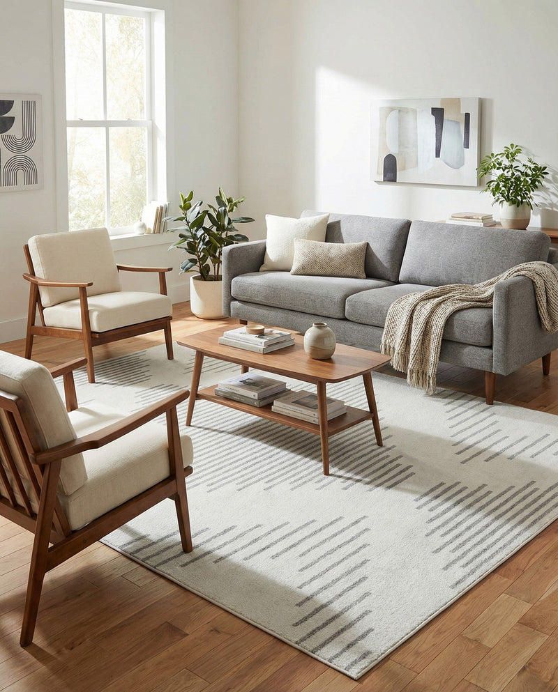 Seychelles Stripes Collection Area Rug - Mahe (Ivory and Gray) Rectangle Ivory and Gray  lifestyle 15