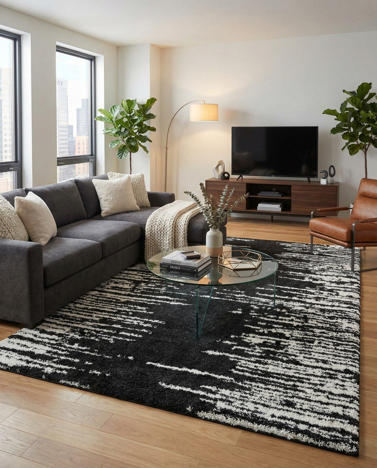 Tranquil Tides Shag Collection Area Rug - Marina Rectangle Black and White  lifestyle 33