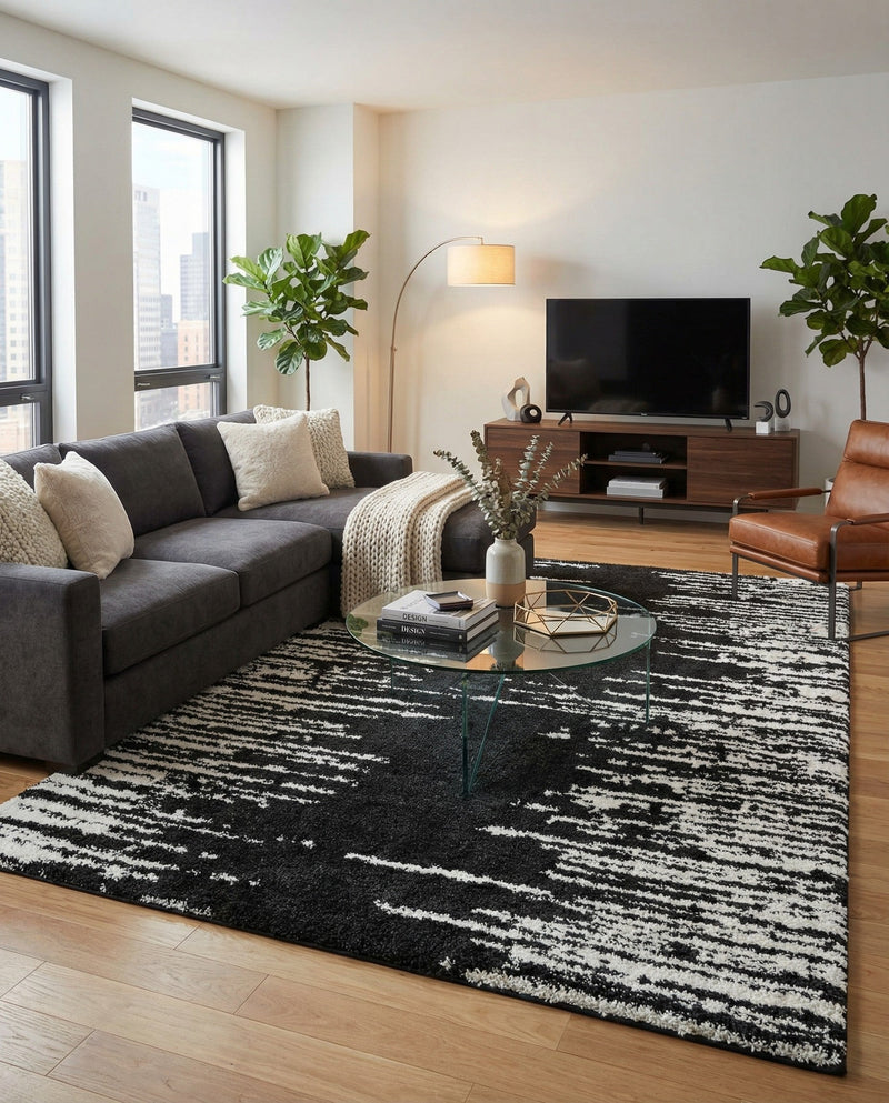 Tranquil Tides Shag Collection Area Rug - Marina Rectangle Black and White  lifestyle 33