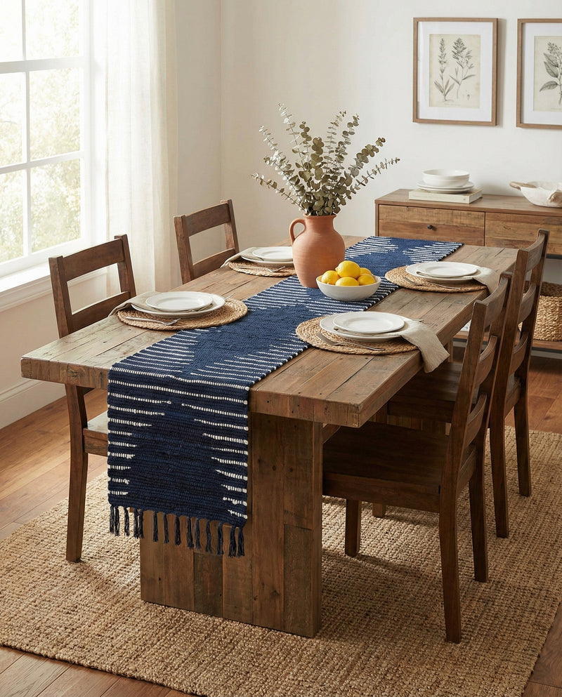 Thar Cotton Collection Area Rug - Jaisalmer (Navy Blue) Table Runner Navy Blue  lifestyle 60