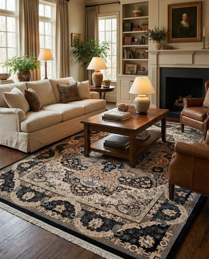 Persian Elegance Collection Area Rug -  Shiraz Rectangle Navy Blue  lifestyle 44