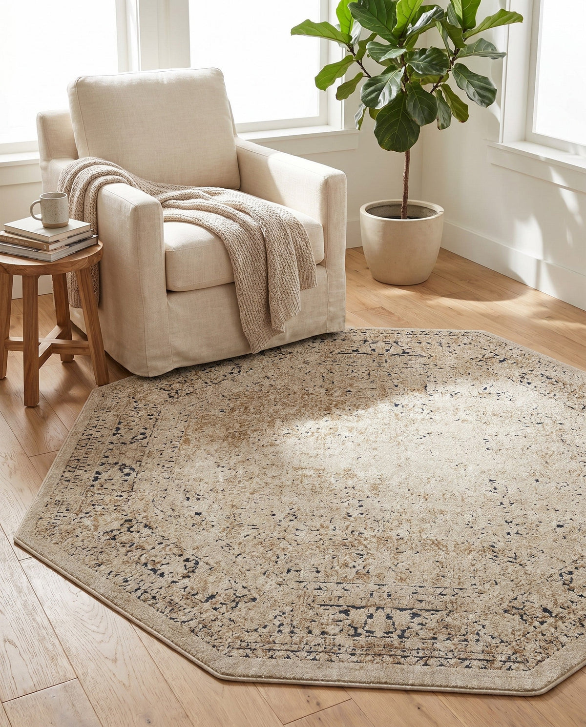 Coastal Manor Collection Area Rug -  Marina Octagon Beige  lifestyle 140