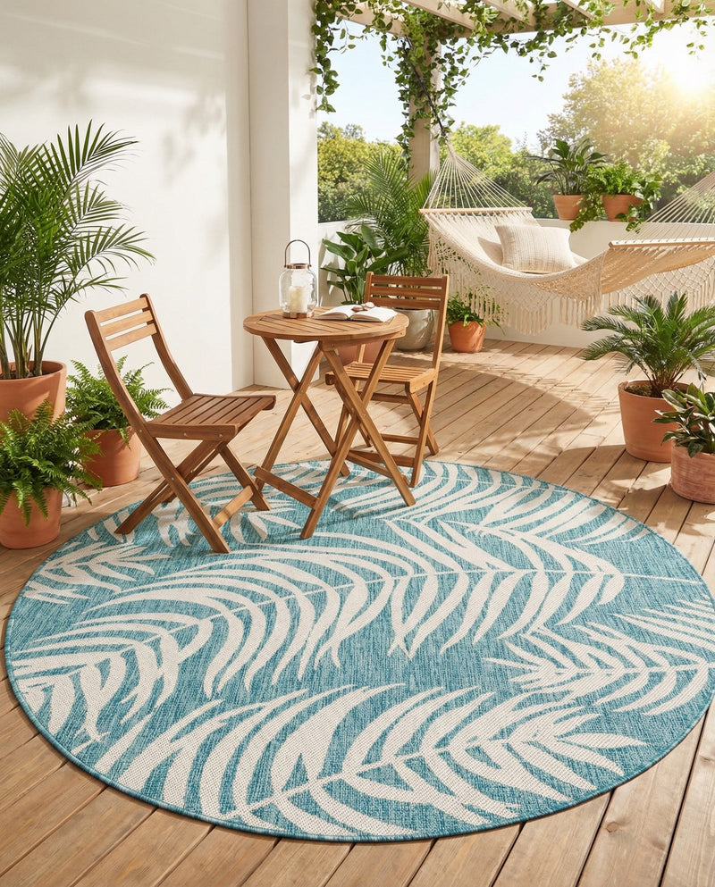 Seaside Blooms Collection Area Rug - Verdure (Light Aqua) Round Light Aqua  lifestyle 54