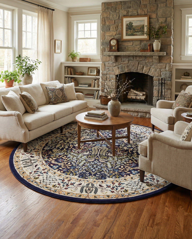 Persian Elegance Collection Area Rug -  Kerman (Navy Blue) Round Navy Blue  lifestyle 38