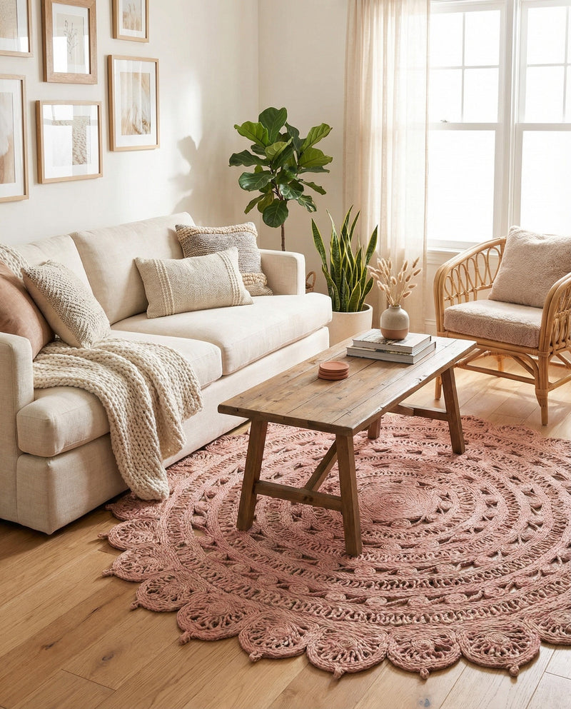 Woven Seaside Jute Collection Area Rug - Coastalhaven (Pink) Round Pink  lifestyle 15