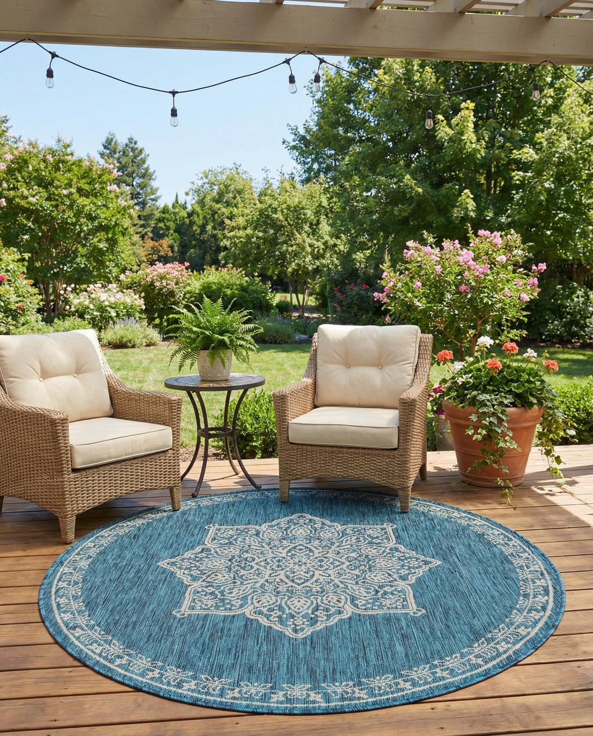 Patio Heritage Collection Area Rug -  Charleston (Teal) Round Teal  lifestyle 79