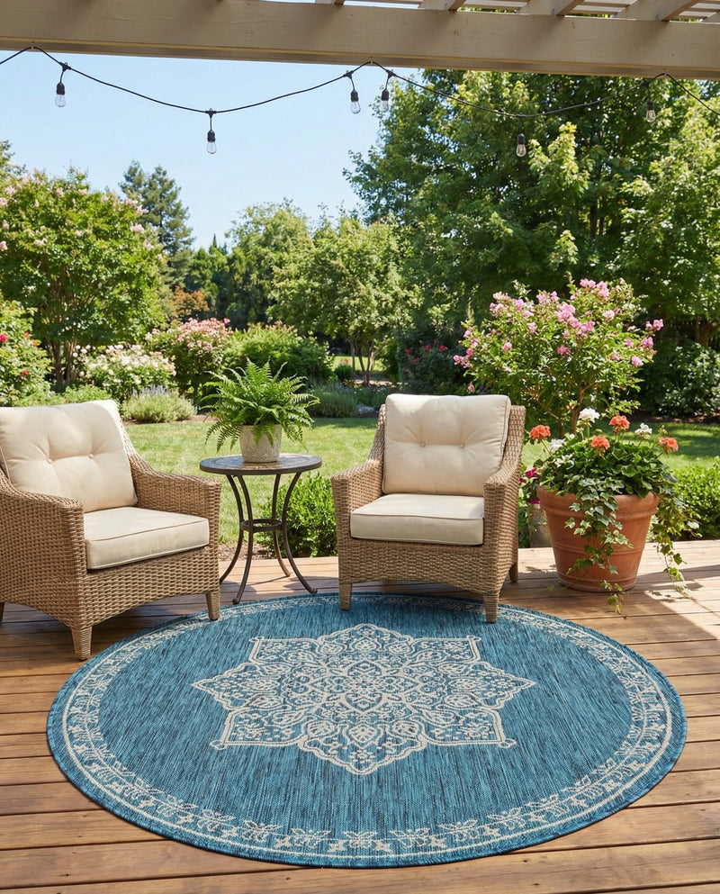 Patio Heritage Collection Area Rug -  Charleston (Teal) Round Teal  lifestyle 79