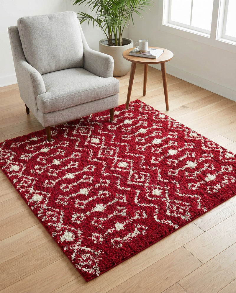 Berber Lattice Shag Collection Area Rug - Atlas (Burgundy Red) Square Burgundy Red  lifestyle 36