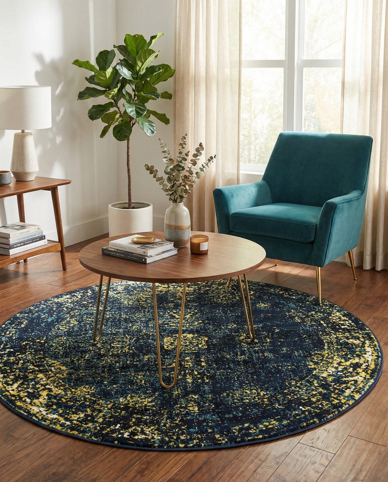 Riviera Elegance Collection Area Rug - Antibes (Navy Blue) Round Navy Blue  lifestyle 61