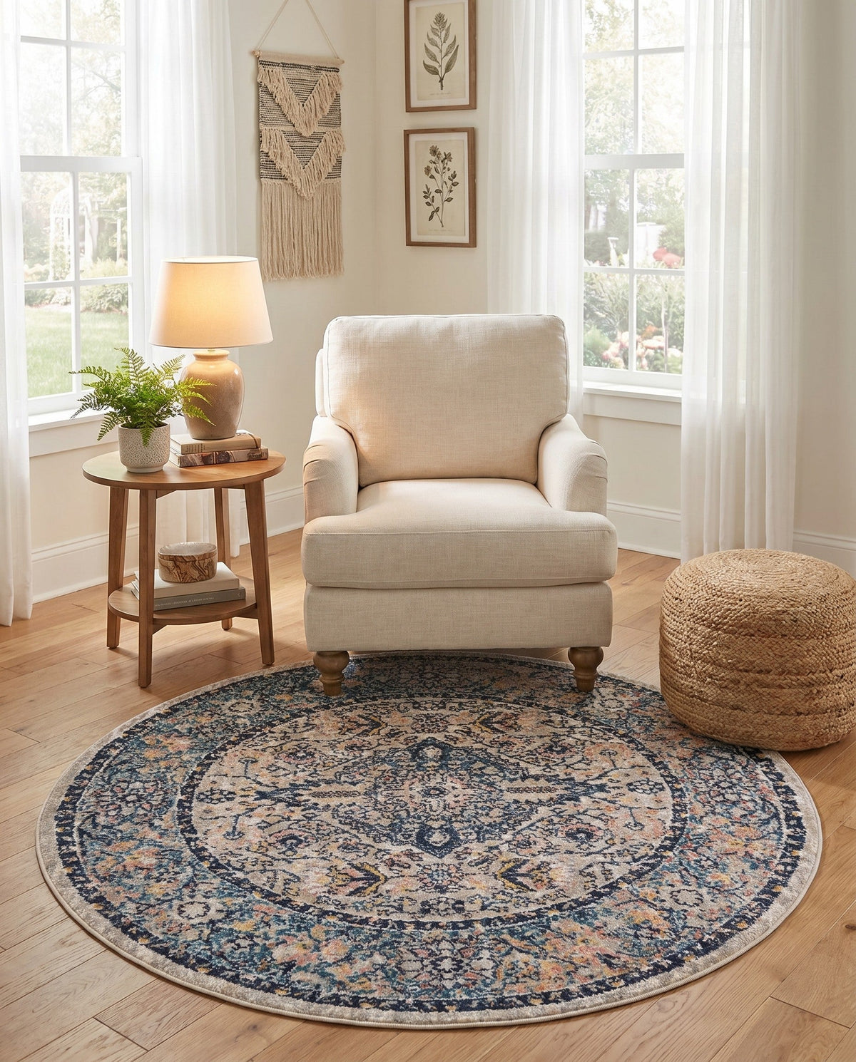 Seville Stripes Collection Area Rug - Cadiz (Blue) Round Blue  lifestyle 91