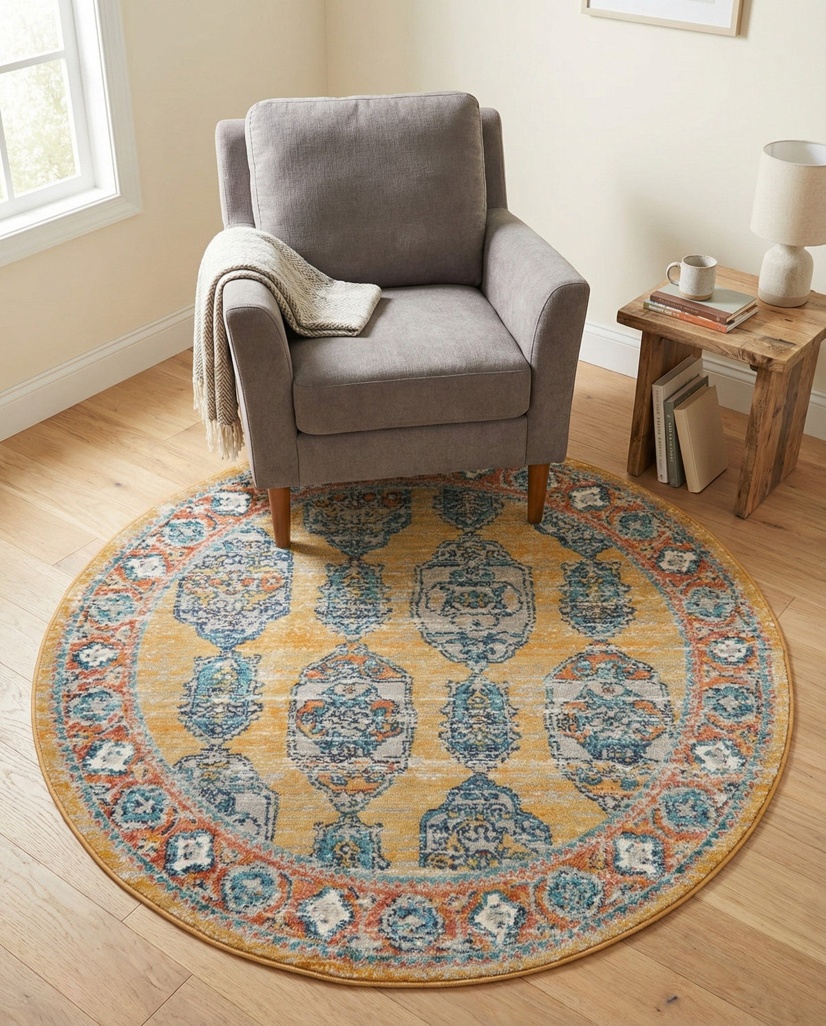 Seville Stripes Collection Area Rug -  Granada (Yellow) Round Yellow  lifestyle 83