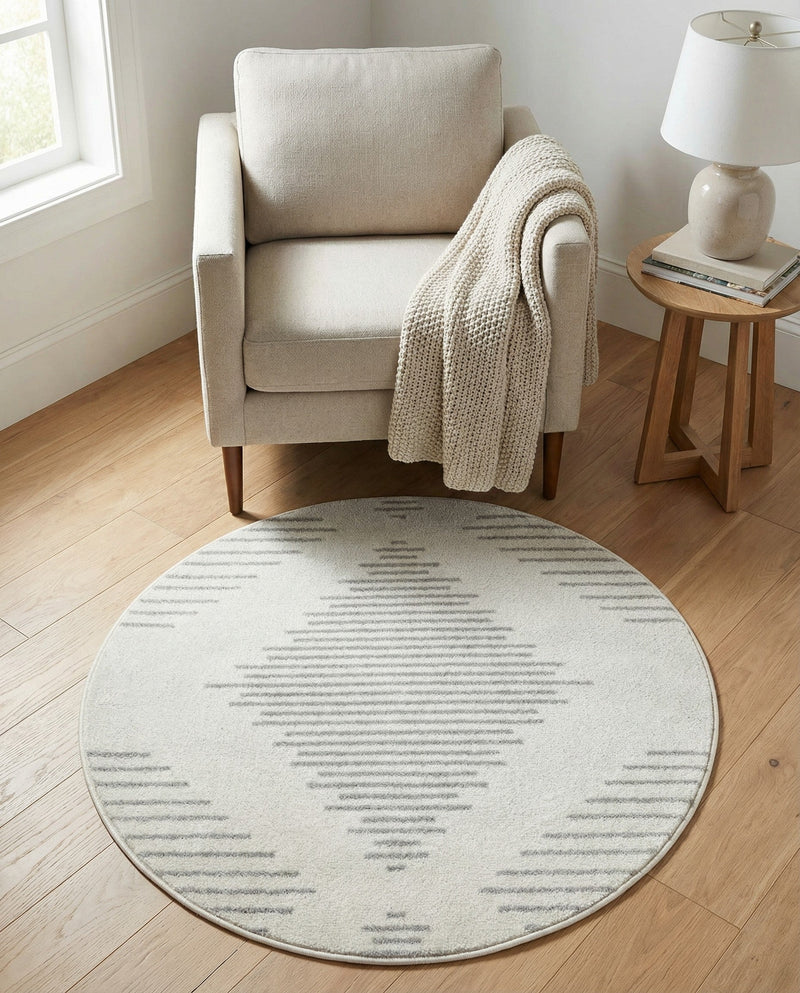 Seychelles Stripes Collection Area Rug - Mahe (Ivory and Gray) Round Ivory and Gray  lifestyle 55