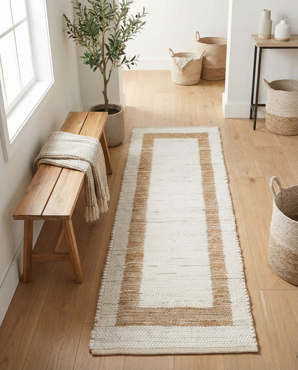 Osian Looms Collection Area Rug - Durham Runner White and Natural  lifestyle 170