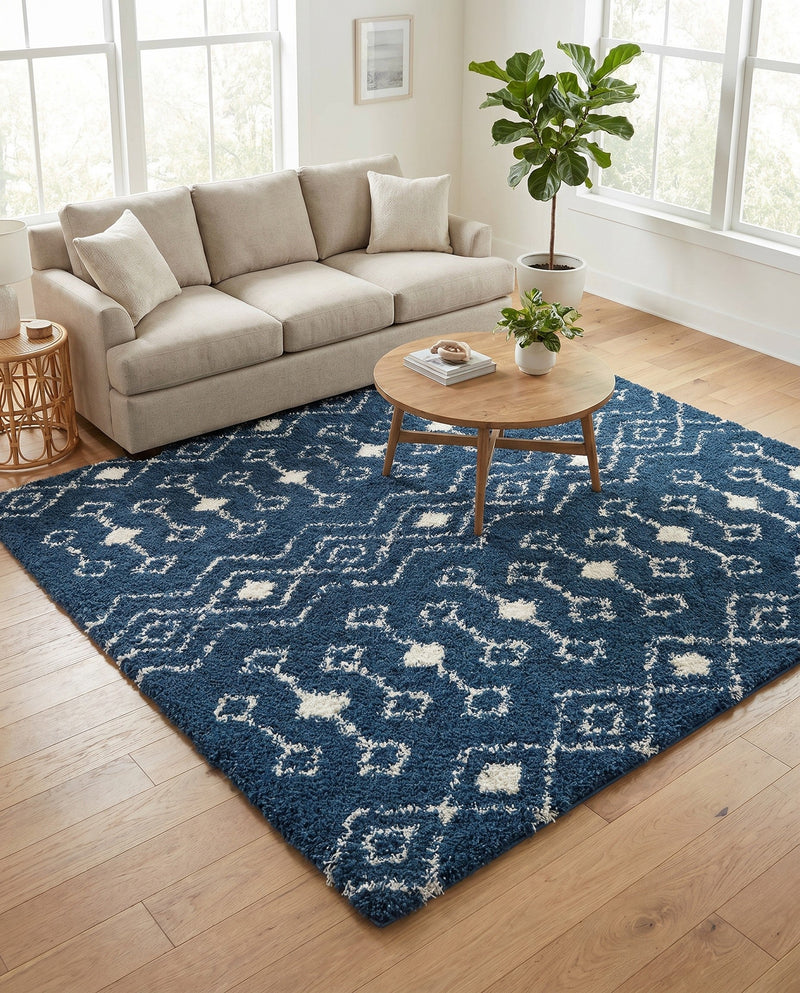 Berber Lattice Shag Collection Area Rug - Atlas (Navy Blue) Square Navy Blue  lifestyle 82