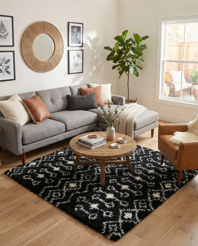 Berber Lattice Shag Collection Area Rug - Atlas (Black and White) Square Black and White  lifestyle 34