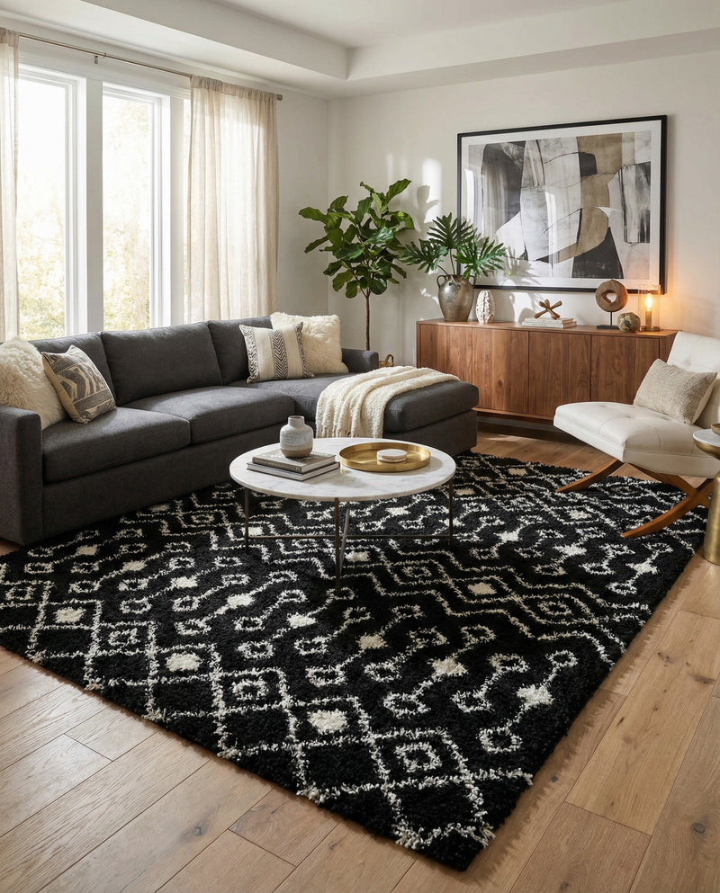 Berber Lattice Shag Collection Area Rug - Atlas (Black and White) Square Black and White  lifestyle 35