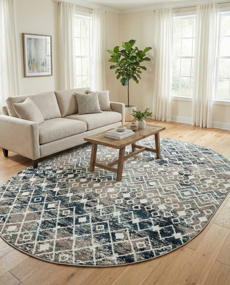 Mediterranean Lattice Collection Area Rug - Santorini (Multi Gray Blue) Oval Multi Gray Blue  lifestyle 76