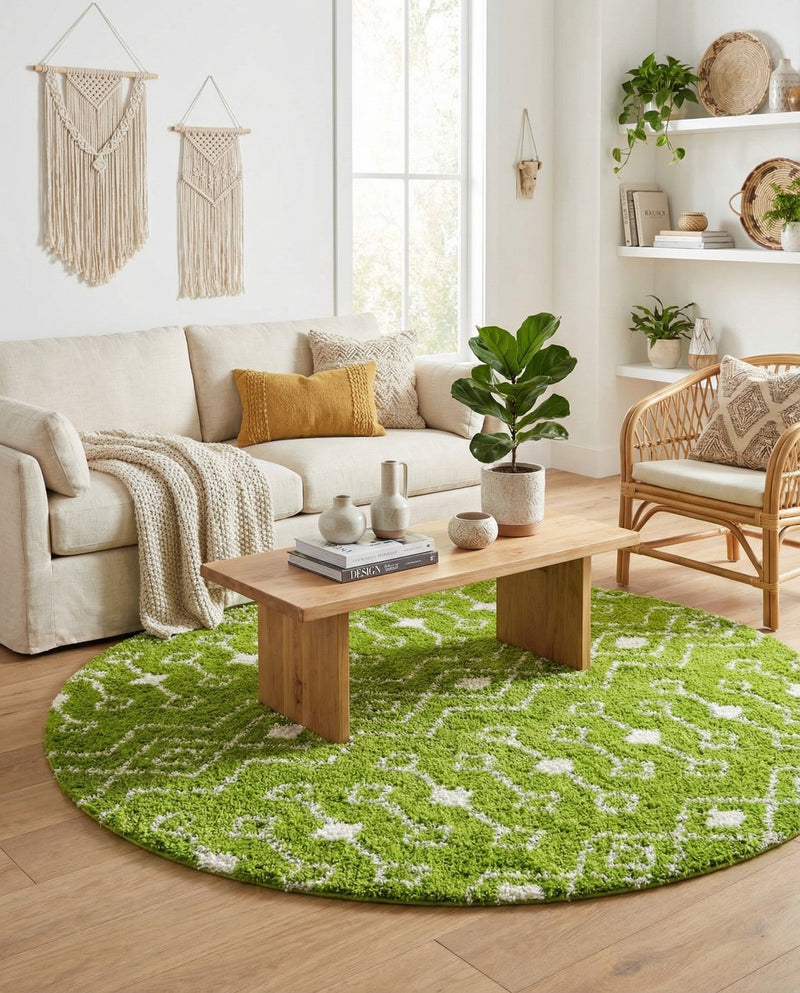 Berber Lattice Shag Collection Area Rug - Atlas (Green) Round Green  lifestyle 47