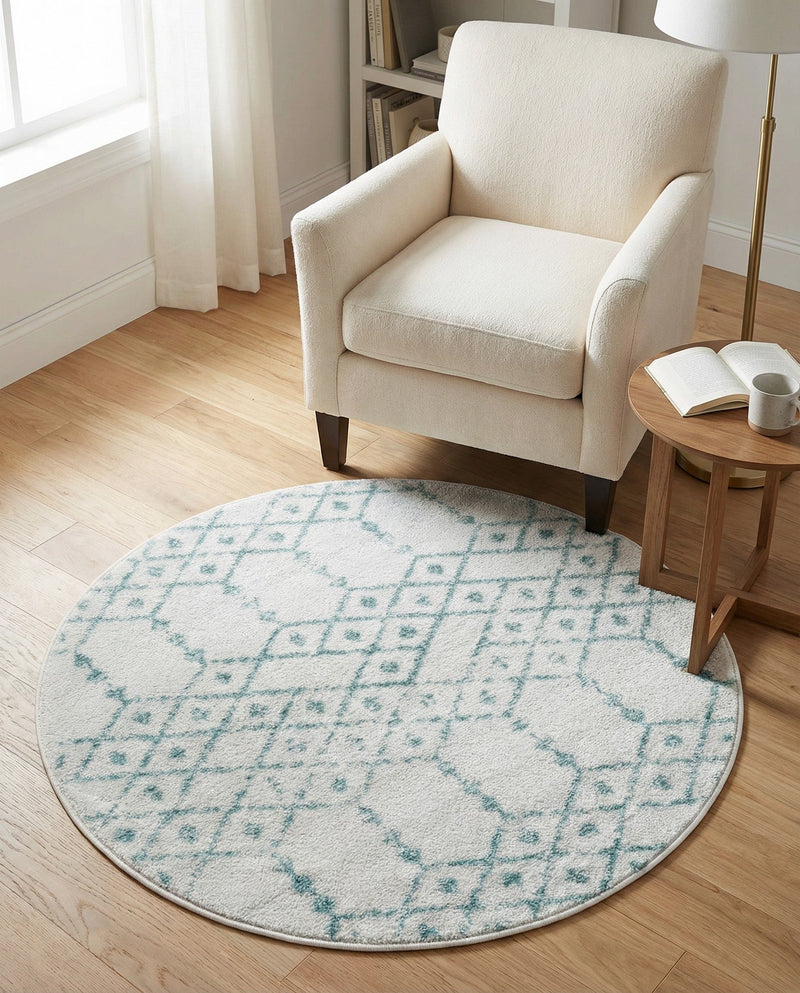 Marrakesh Lattice Collection Area Rug - Casablanca (Ivory Aqua) Round Ivory Aqua  lifestyle 37