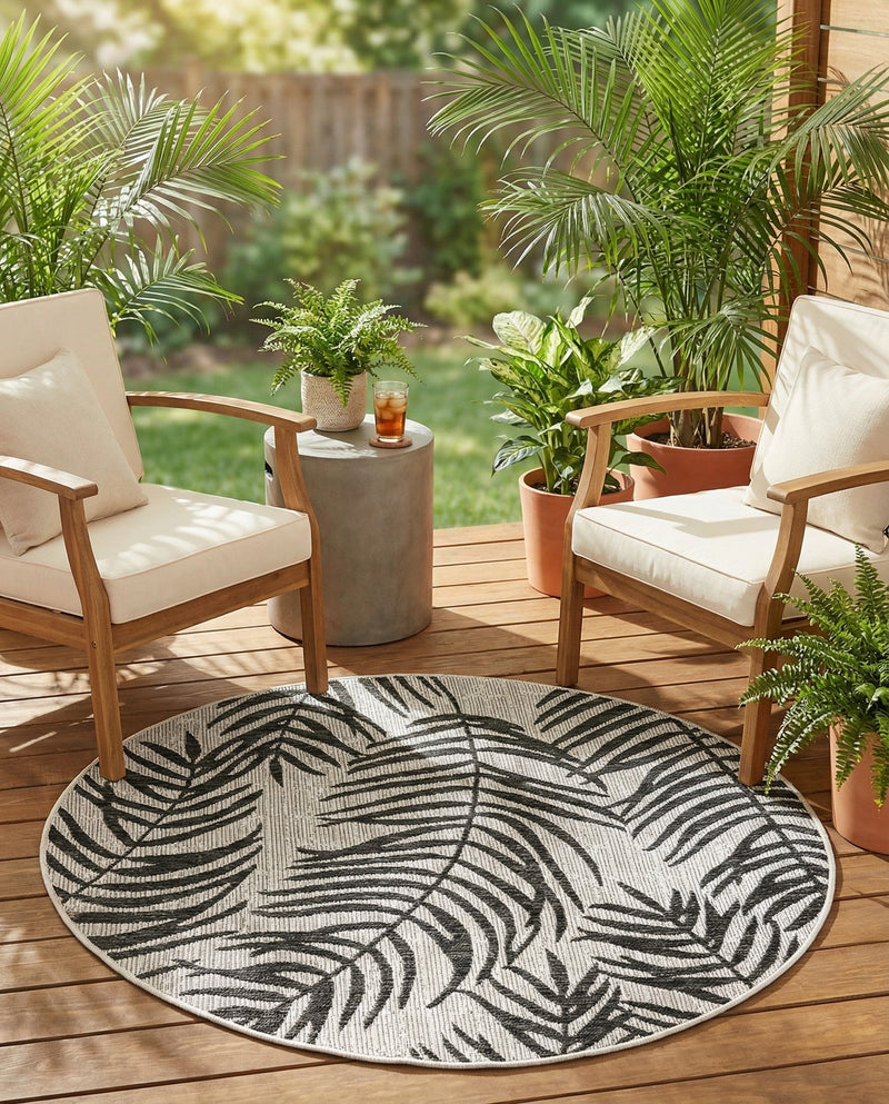 Seaside Blooms Collection Area Rug - Verdure (Charcoal Ivory) Round Charcoal Ivory  lifestyle 21
