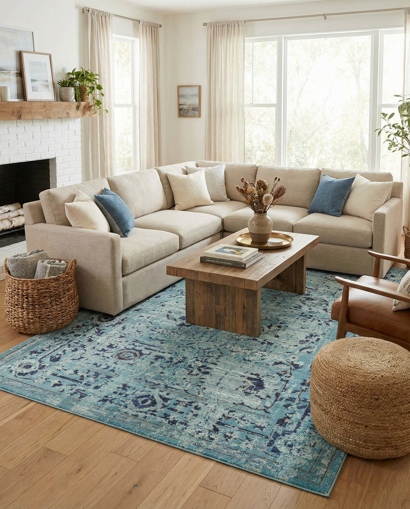 Chateau Elegance Collection Area Rug -  Louvre Rectangle Light Blue  lifestyle 22