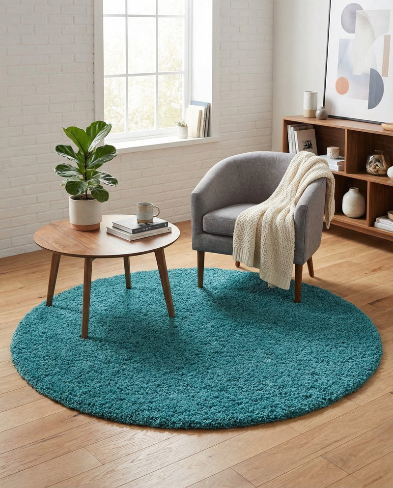 Plush Oasis Collection Area Rug - Serenity (Deep Aqua Blue) Round Deep Aqua Blue  lifestyle 32