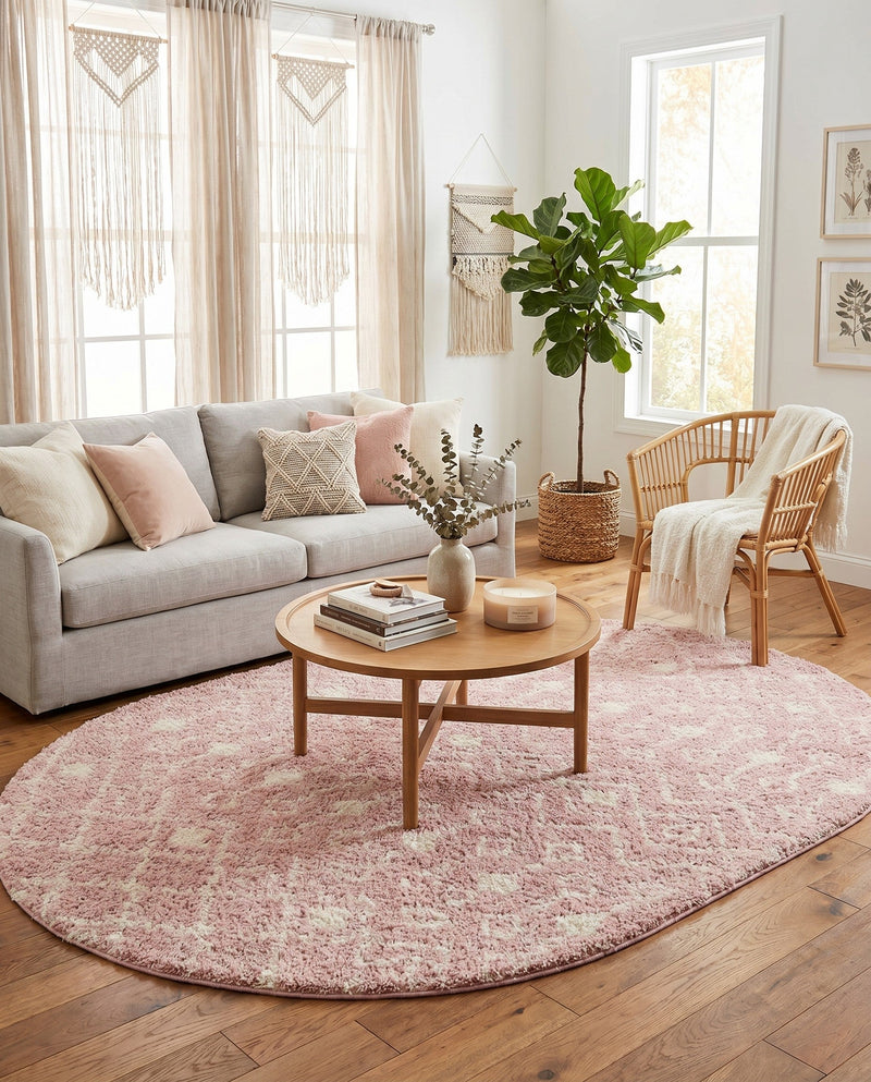 Berber Lattice Shag Collection Area Rug - Atlas (Light Pink) Oval Light Pink  lifestyle 48