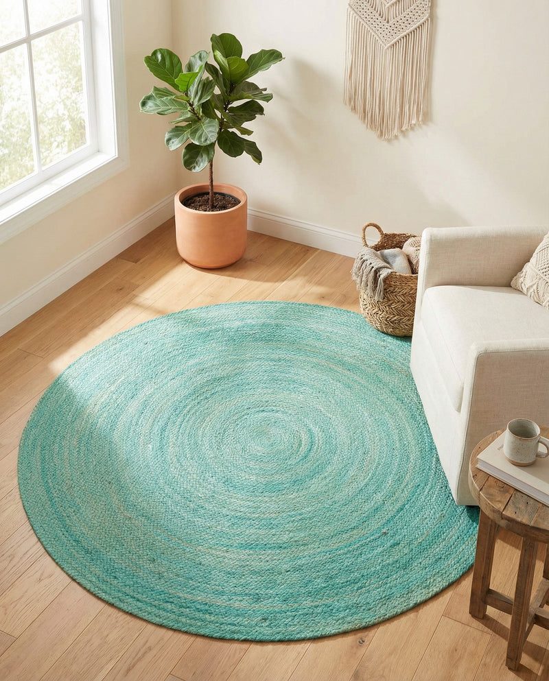 Woven Seaside Jute Collection Area Rug - Savannah (Turquoise) Round Turquoise  lifestyle 52