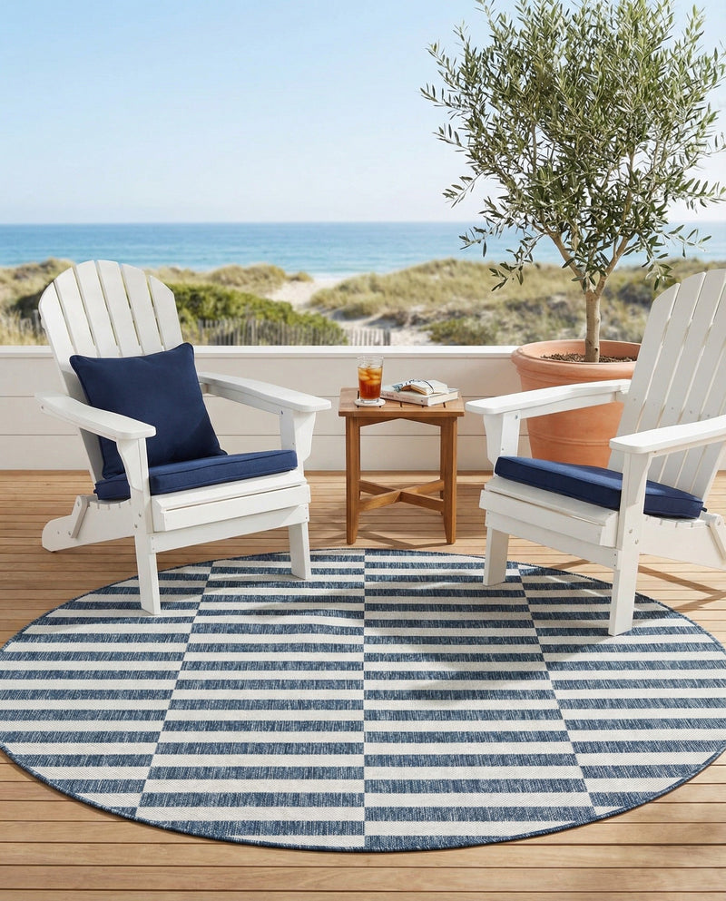 Seaside Stripes Collection Area Rug - Cabana (Blue) Round Blue  lifestyle 37