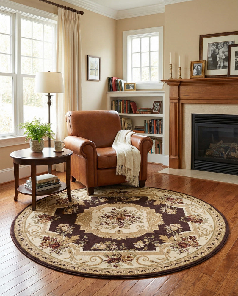 Versailles Elegance Collection Area Rug -  Louveciennes (Brown) Round Brown  lifestyle 75