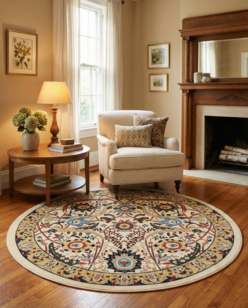 Tabriz Tapestry Collection Area Rug - Sahand (Cream) Round Cream  lifestyle 50