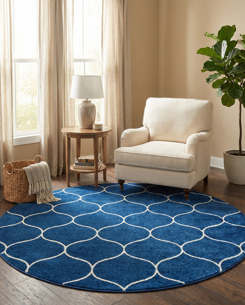 Trellis Mosaic Collection Area Rug -  Pergolatown (Navy Blue) Round Navy Blue  lifestyle 58