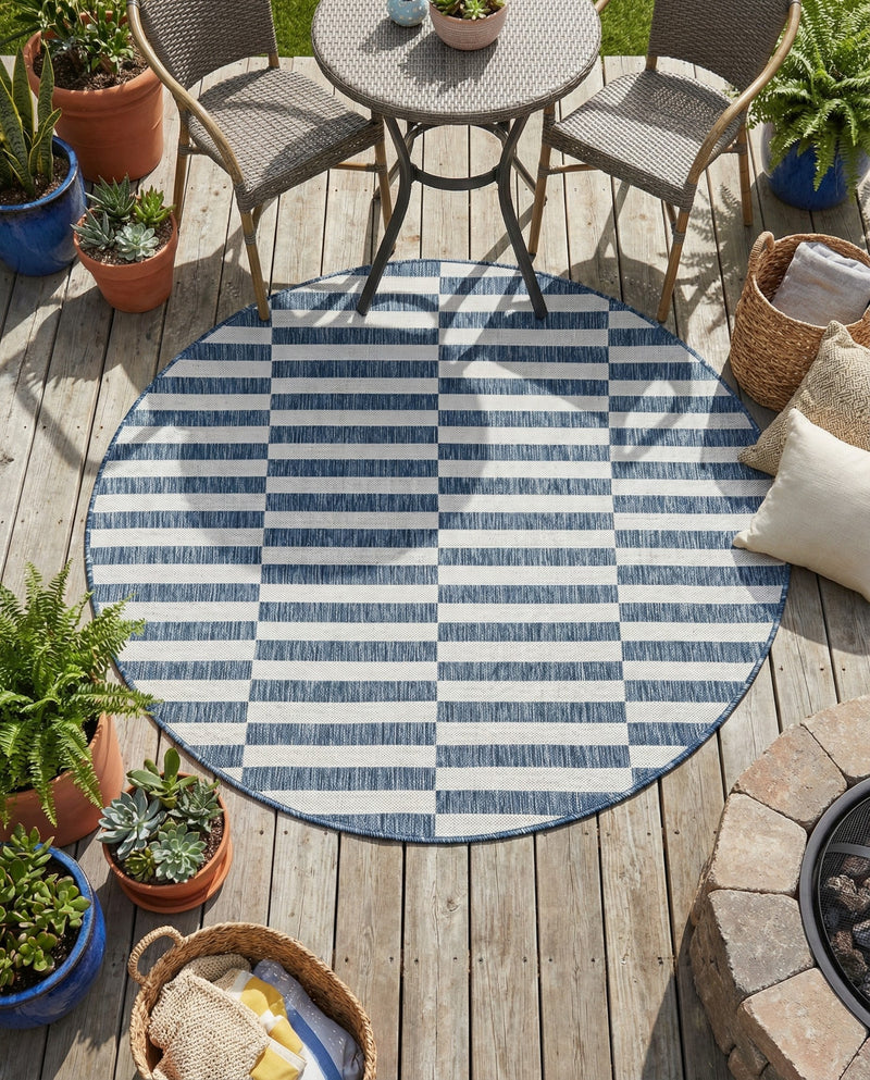 Seaside Stripes Collection Area Rug - Cabana (Blue) Round Blue  lifestyle 73