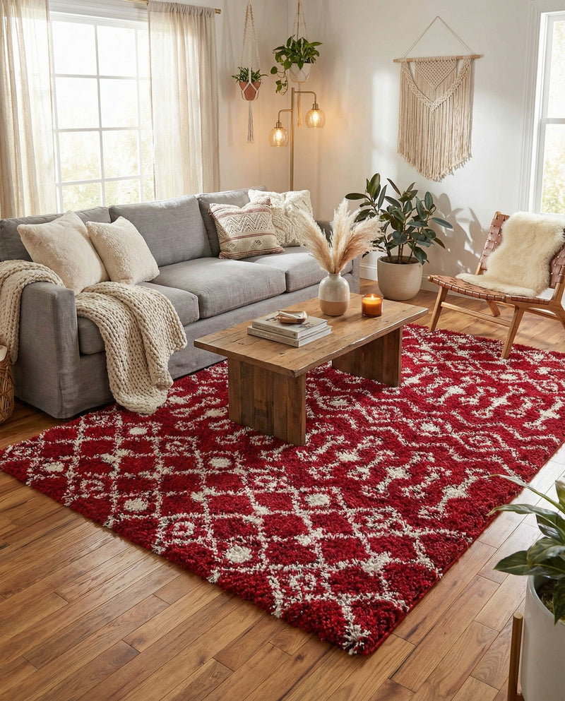 Berber Lattice Shag Collection Area Rug - Atlas (Burgundy Red) Rectangle Burgundy Red  lifestyle 8