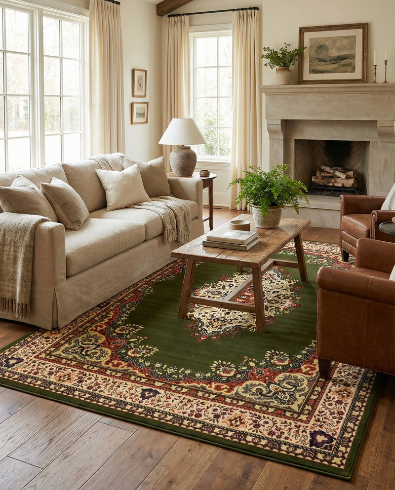 Tabriz Tapestry Collection Area Rug - Azerbaijan (Green) Rectangle Green  lifestyle 13